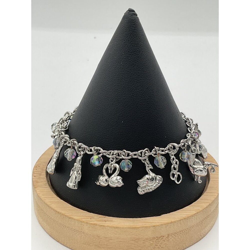 Silver Charm Bracelet With Toggle Clasp & Dangling Charms